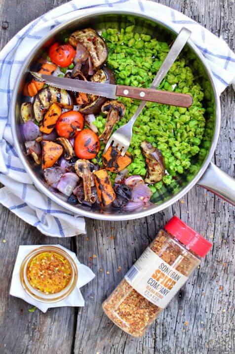 Spicy Grilled Vegetables with Smashed Peas Recipe