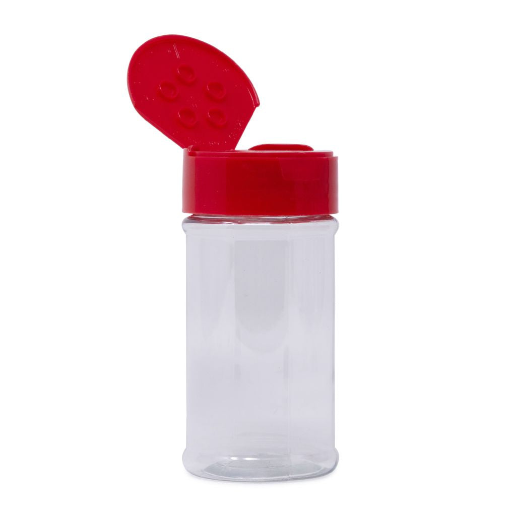 4 oz Clear Glass Paragon Spice Jars (Red Spoon & Sift Cap) - 12/Case, Clear Type III 48-485